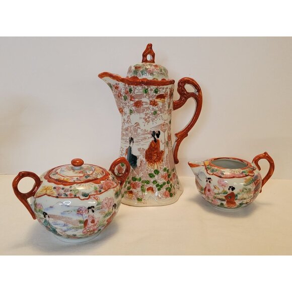 Vintage Japanese Porcelain Chocolate Coffee Pot W Creamer & Sugar Bowl Set Handp - Picture 13 of 13